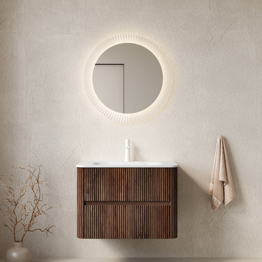 NOOR 30" Bathroom Vanity with Sink, Wall-Mounted Floating Plywood Bathroom Storage Cabinet with 2 Drawers, Carrara White Basin, NO Faucet, Pre-assembled, Retro Walnut Woodgrain Color image 1