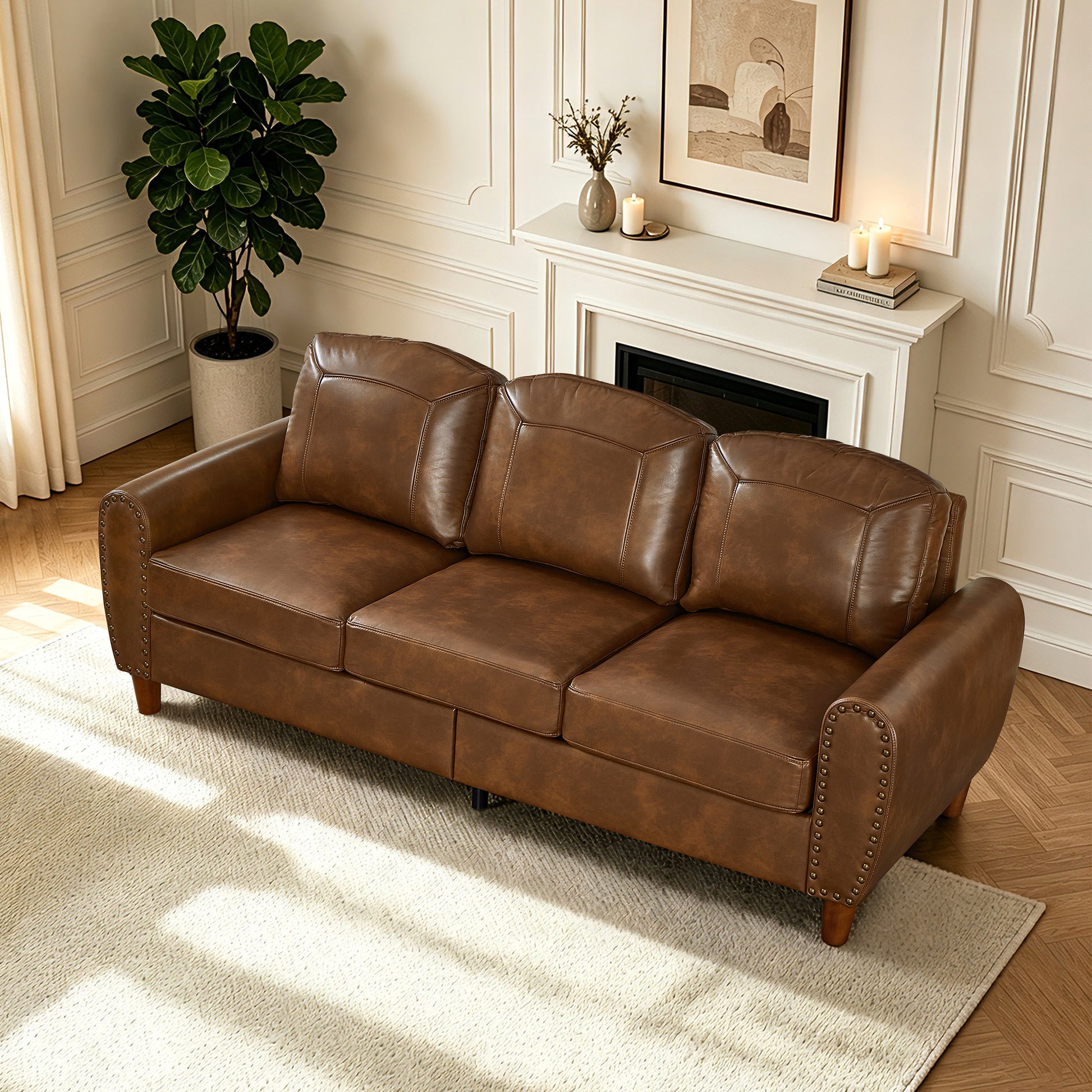 81.5" Classic Living Room Sofa Faux Leather Couch,Rolled Arm Sofa with Nails,Solid Wood Legs,Upholstered Breathable PU Leather Brown. image 3