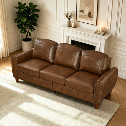 81.5" Classic Living Room Sofa Faux Leather Couch,Rolled Arm Sofa with Nails,Solid Wood Legs,Upholstered Breathable PU Leather Brown. image 3