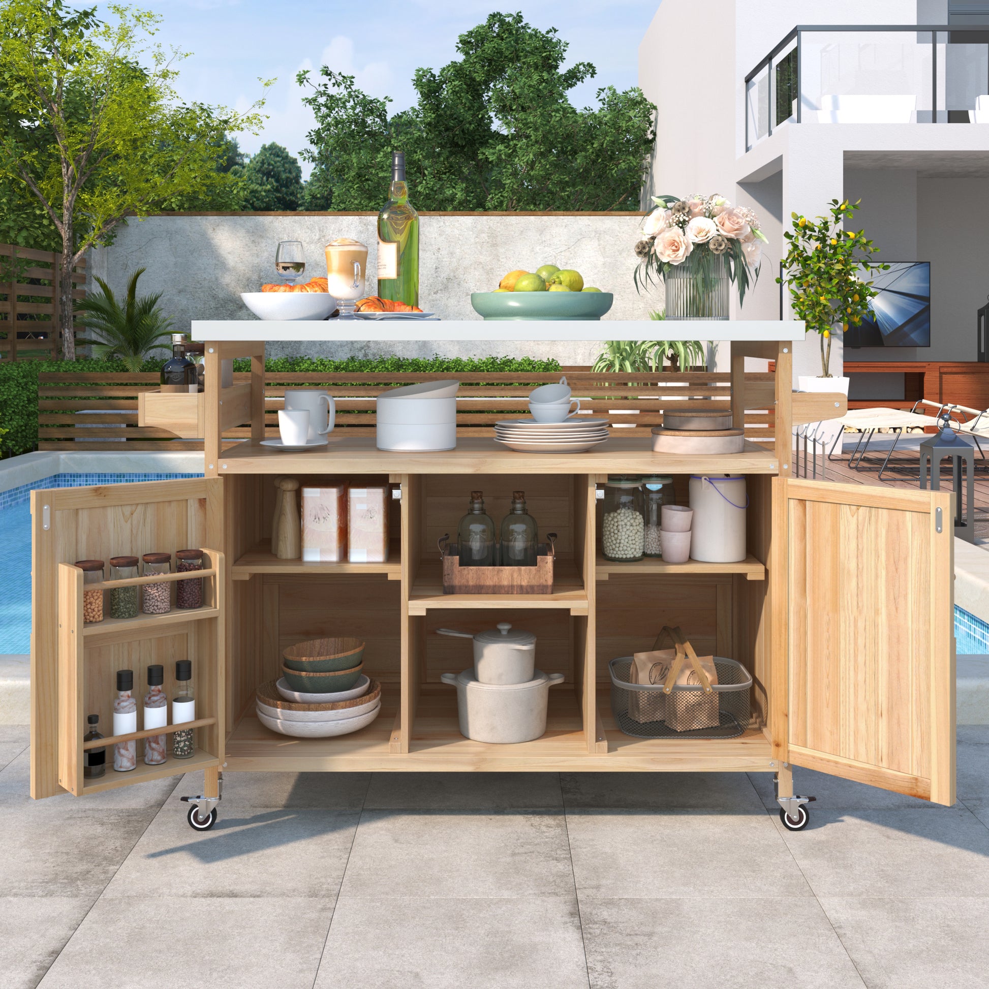 K&K Outdoor Kitchen Island, Rolling Bar Cart & Storage Cabinet, Farmhouse Solid Wood Outdoor Grill Table with Stainless Steel Top, Spice Rack, Towel Rack for Kitchen & BBQ, Natural image 2