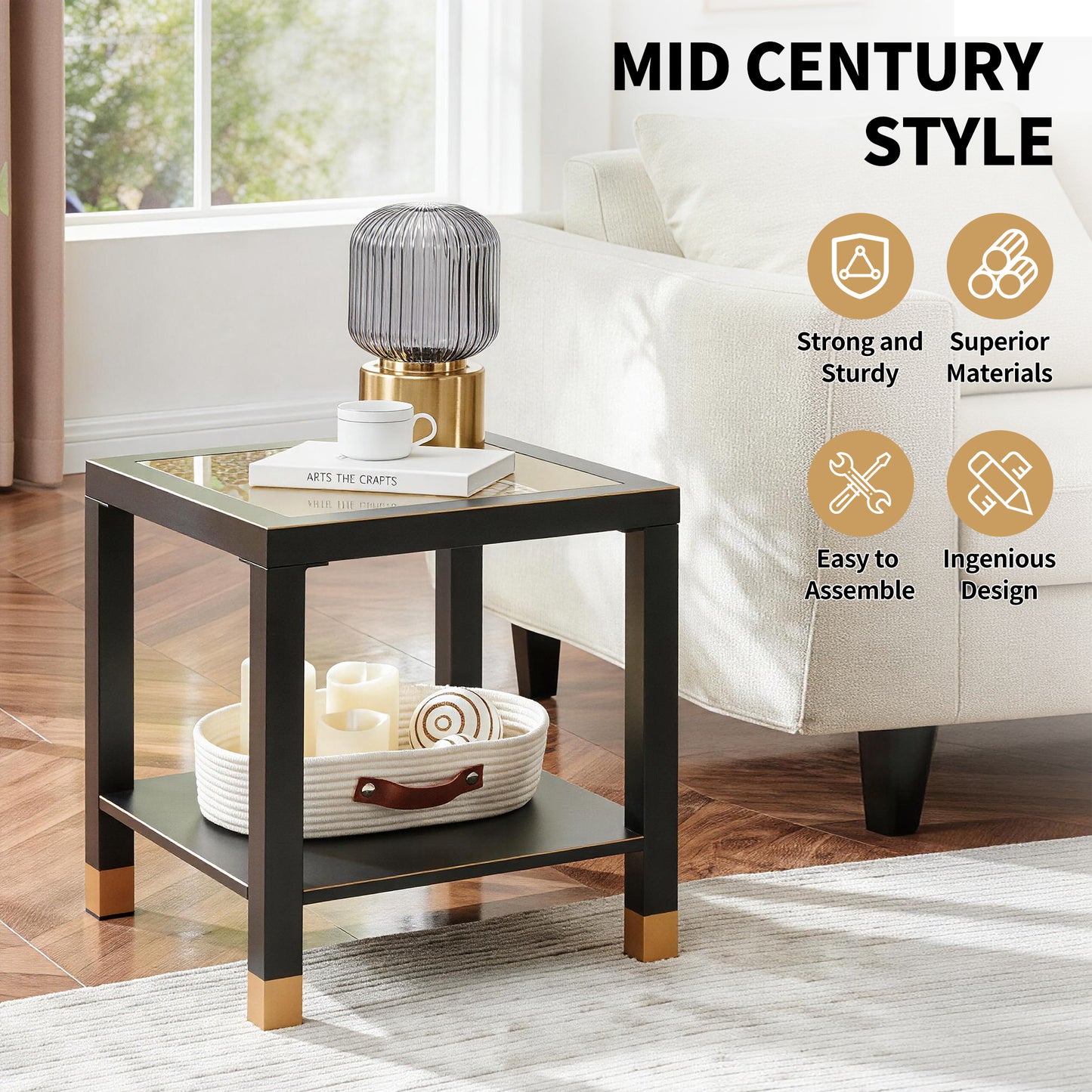 Square Side Table with Shelf, Boho Style Side Table for Living Room, Tempered Glass End Table with Metal Frame, Nightstand for Bedroom, 2-Tier, Black image 2