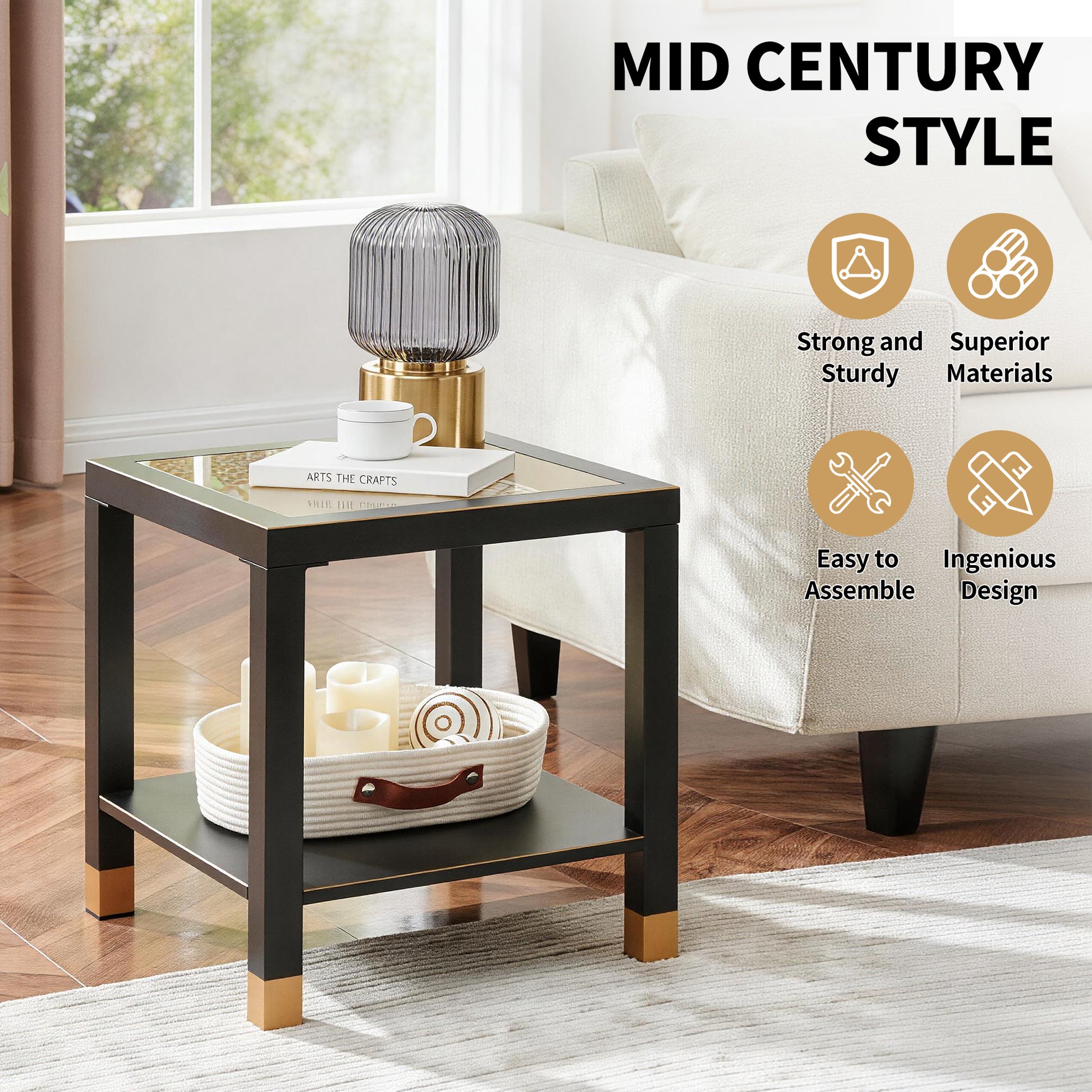 Square Side Table with Shelf, Boho Style Side Table for Living Room, Tempered Glass End Table with Metal Frame, Nightstand for Bedroom, 2-Tier, Black image 2