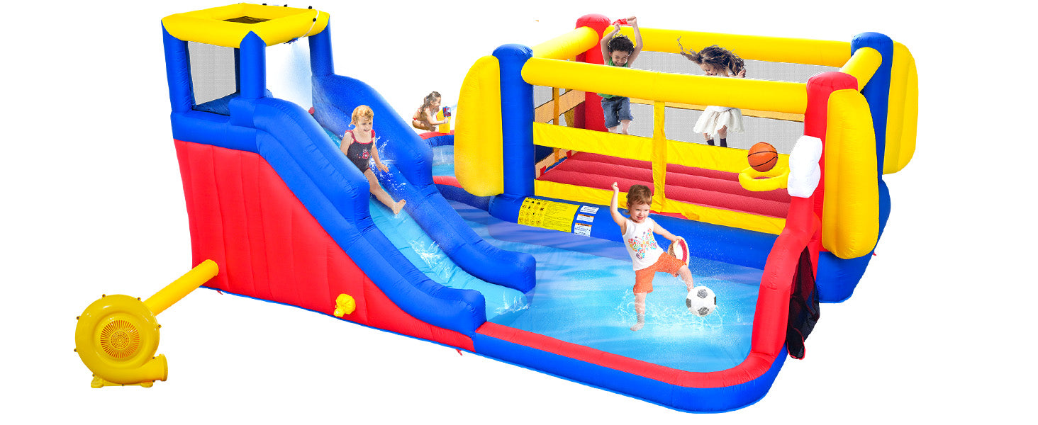 7 in1 Inflatable Slide Water Park with Deep Water Pool Basketball Hoop Football Gate Water Cannon Climb Wall Bounce House for Kids image 8