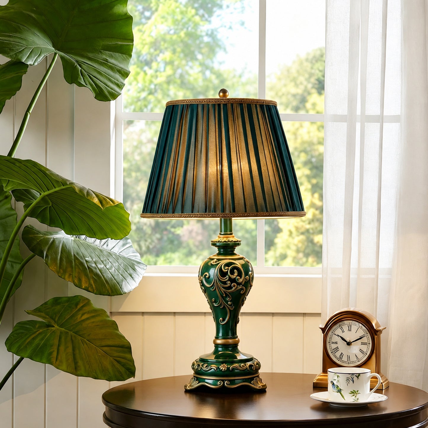 Farmhouse Table Lamps for Living Room Bedroom, Vintage Table Lamp with Nightlight (BULB INCLUDED), Dark Green Hollow Out Resin Lamp for End Table image 8