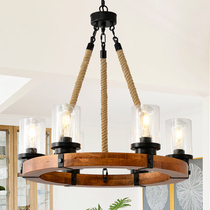 23.62 INCH Round Wood Pendant Light with Seeded Glass Shade, Rustic 6-Light Wagon Wheel Chandelier,Farmhouse Chandeliers for Dining Room Kitchen Island Foyer Entryway (8 Light)--NO INCLUDED BULBS image 1
