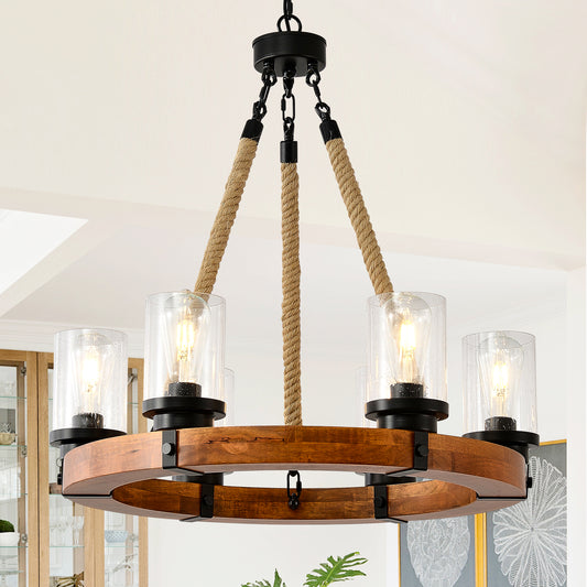 23.62 INCH Round Wood Pendant Light with Seeded Glass Shade, Rustic 6-Light Wagon Wheel Chandelier,Farmhouse Chandeliers for Dining Room Kitchen Island Foyer Entryway (8 Light)--NO INCLUDED BULBS image 1