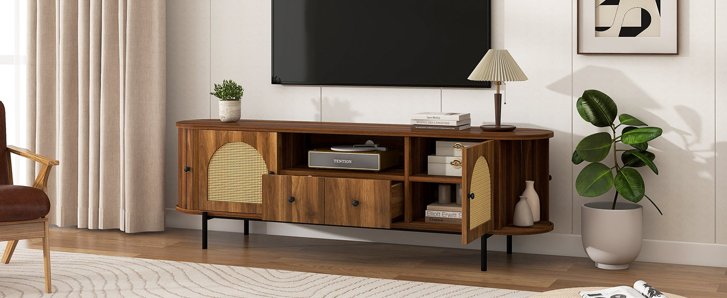 U-Can American Style TV Stand with Rattan Arched Doors, Drawers, Hidden Storage, Steel Legs, Rounded Corners image 6
