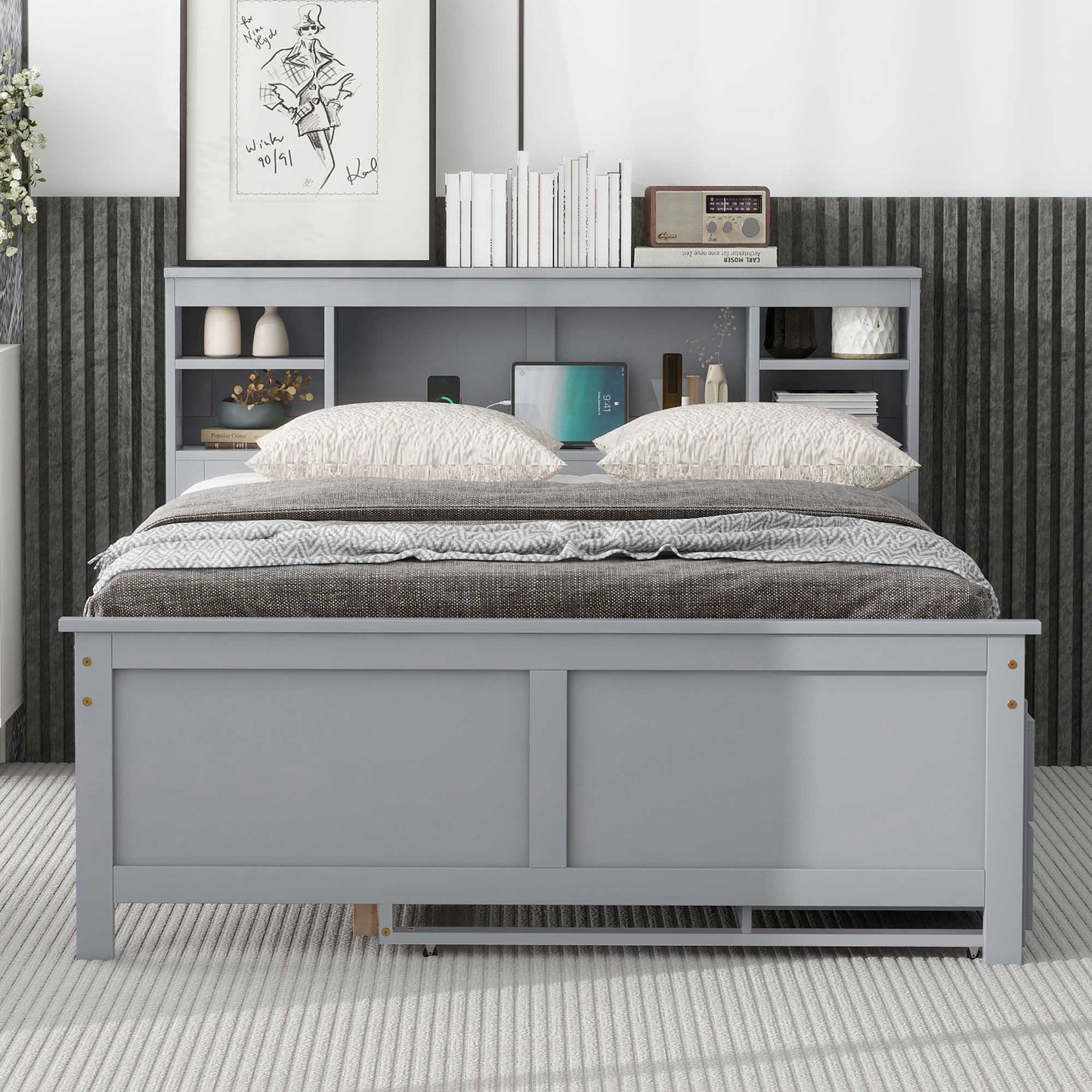 Full Size Platform Bed with Storage Headboard, USB, Twin Size Trundle and 3 Drawers, Gray image 3