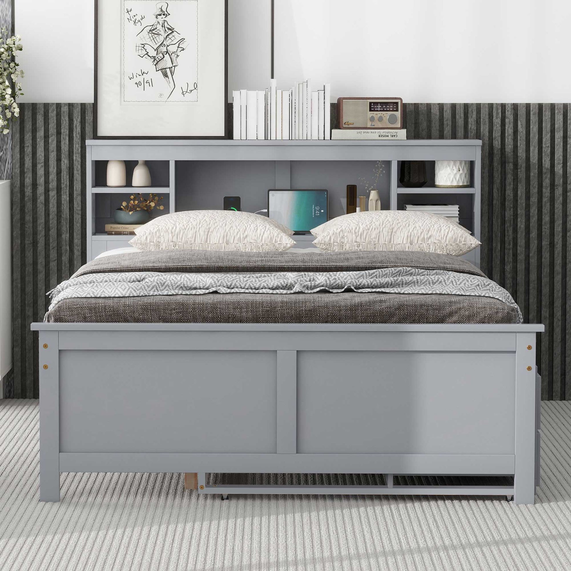 Full Size Platform Bed with Storage Headboard, USB, Twin Size Trundle and 3 Drawers, Gray image 3