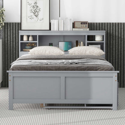 Full Size Platform Bed with Storage Headboard, USB, Twin Size Trundle and 3 Drawers, Gray image 3