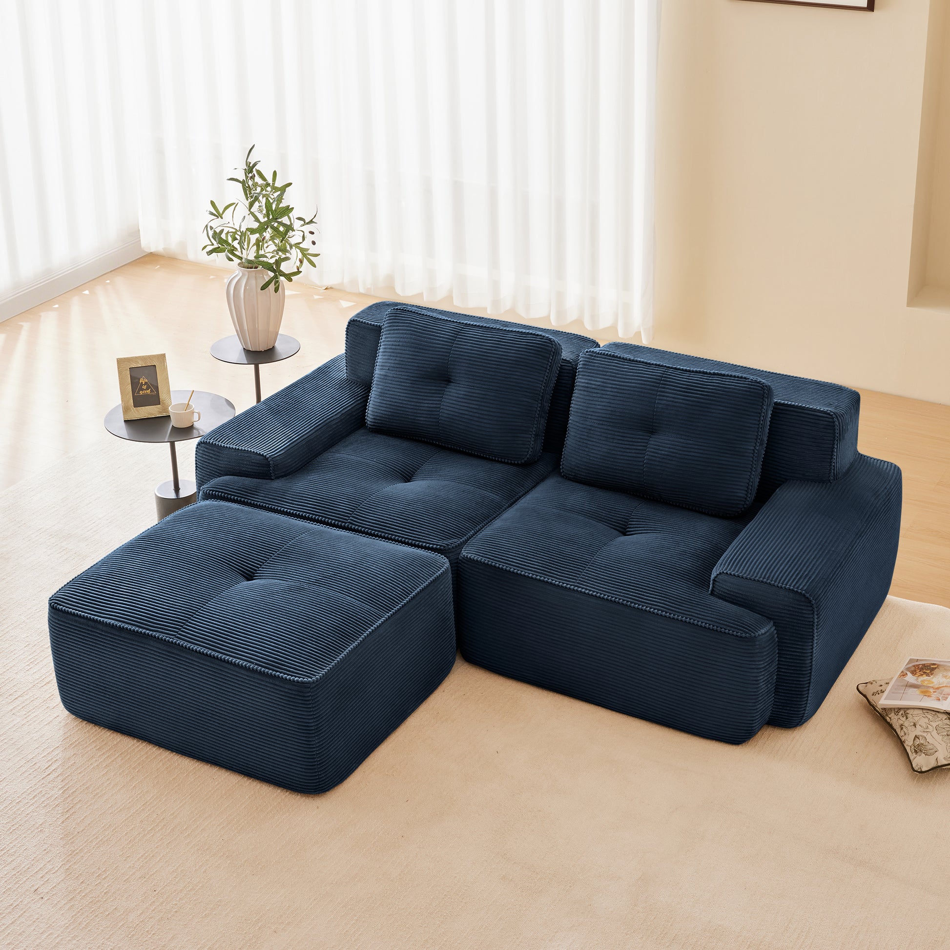 82" Modern L-Shaped Modular Sectional Sofa for Living Room, Corduroy Fabric, 2-Seater Couch with Deep Seat and Movable Ottoman, Pearl-like piping, Tufted Design, No Assembly, Anti-slip Design​, Blue image 1