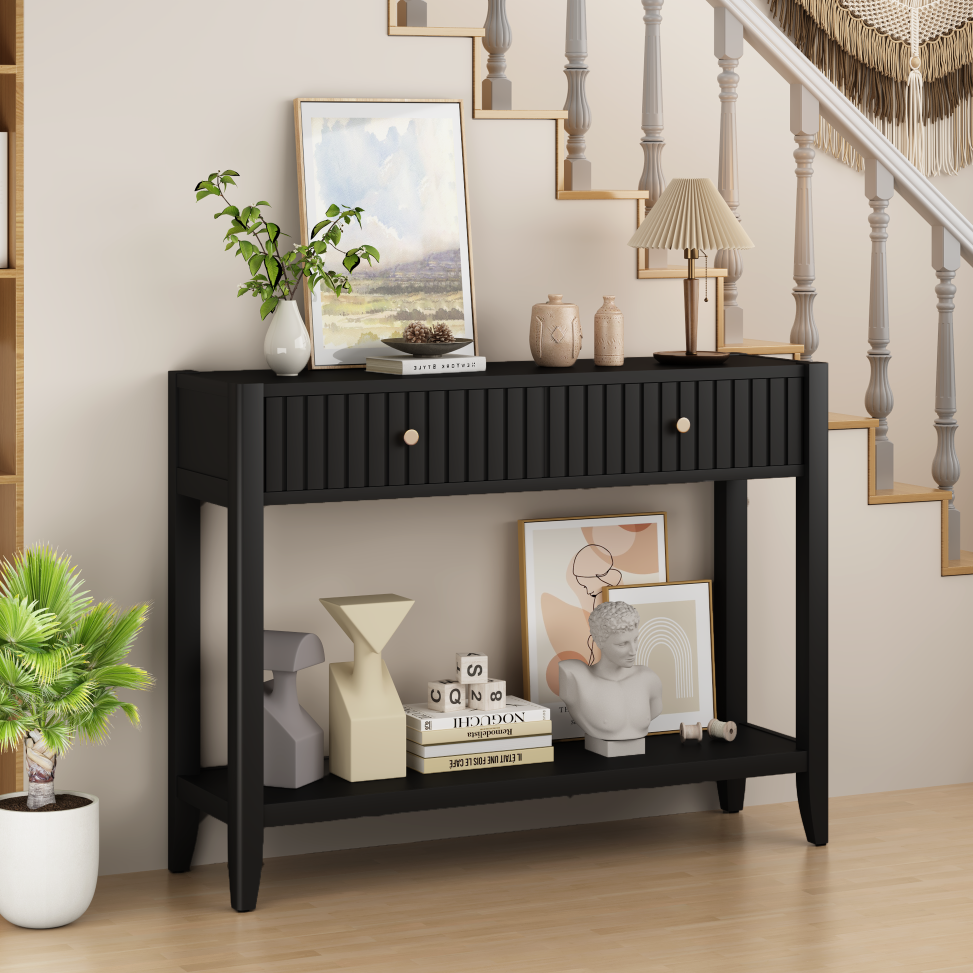 29.53" Tall Console Table with Drawers, Narrow Wood Accent Sofa Table Entryway Table with Storage Shelf for Entryway, Front Hall, Hallway, Living Room, Black image 11