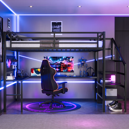 Full XL Size Loft Bed with L-shaped Desk and USB, Metal Loft Bed with Wardrobe and Adjustable Shelf, High Loft Bed with LED for Kids Teens Adults, Black image 2