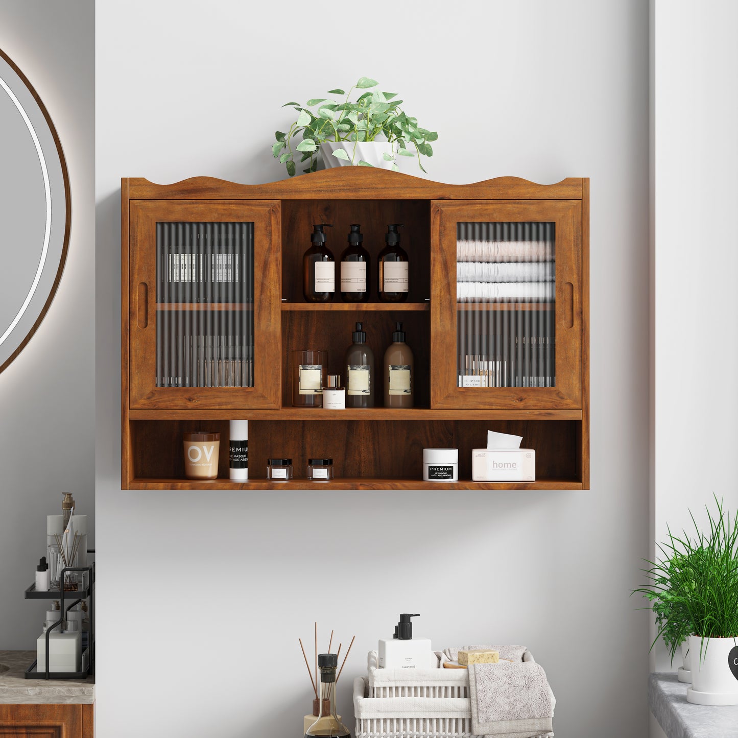35.4"Retro 2 Door Sliding Cabinet Three Layers of Storage Space,Suitable for Bathrooms,Kitchens,Dining Rooms,Brown image 1