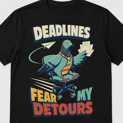 Deadline Detour Pigeon Graphic T-Shirt - POD-20260807-120_black_closeup_product