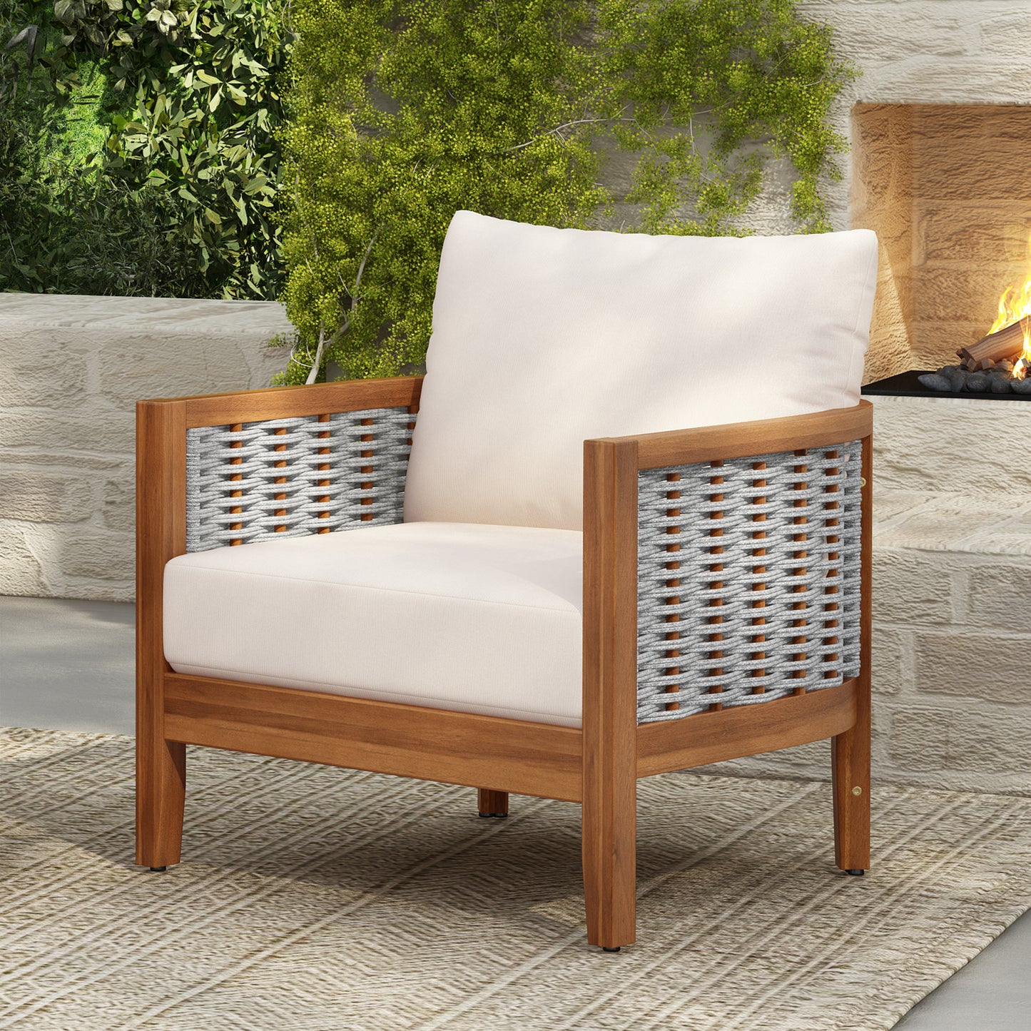 Outdoor Unique Tub Design Armchair with Woven Rope, Patio Furniture Acacia Wood Chair, Deep Seating with Soft Cushions for Porch, Garden, Backyard, Balcony, Teak Finish & Beige Cushion image 1