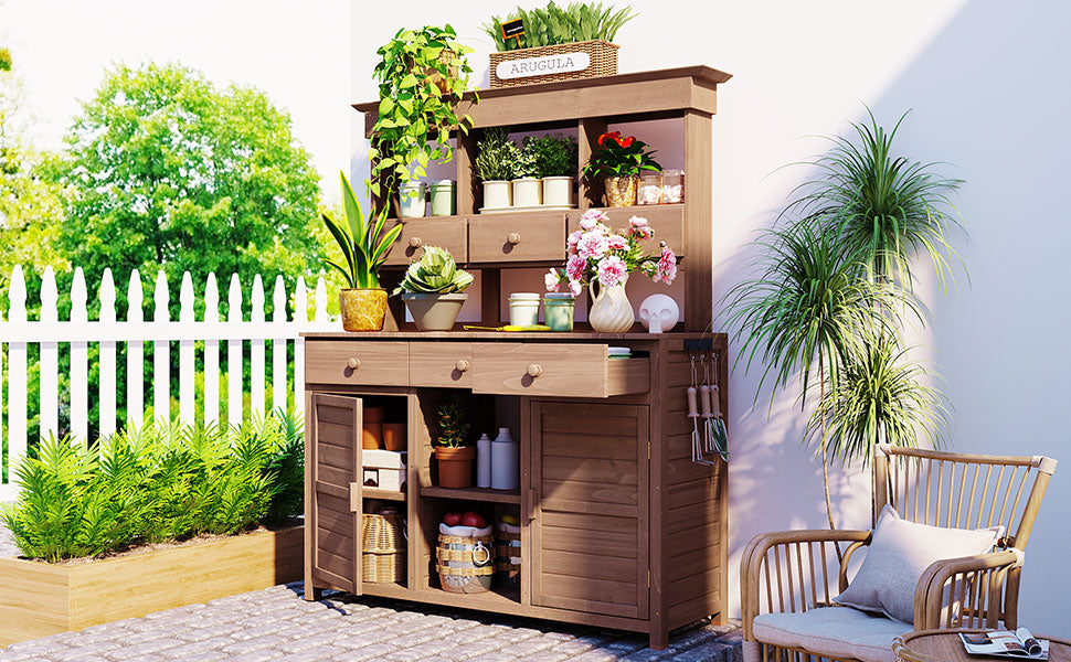 [Assembly Video Provided] TOPMAX 65.7'' H Tall Garden Potting Bench Table with Hutch,Patio Storage Workstation with 3 Shelves,6 Drawers,2 Bottom Cabinets&Side Hooks for Mudroom,Doorway, Brown image 2