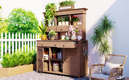 [Assembly Video Provided] TOPMAX 65.7'' H Tall Garden Potting Bench Table with Hutch,Patio Storage Workstation with 3 Shelves,6 Drawers,2 Bottom Cabinets&Side Hooks for Mudroom,Doorway, Brown image 2