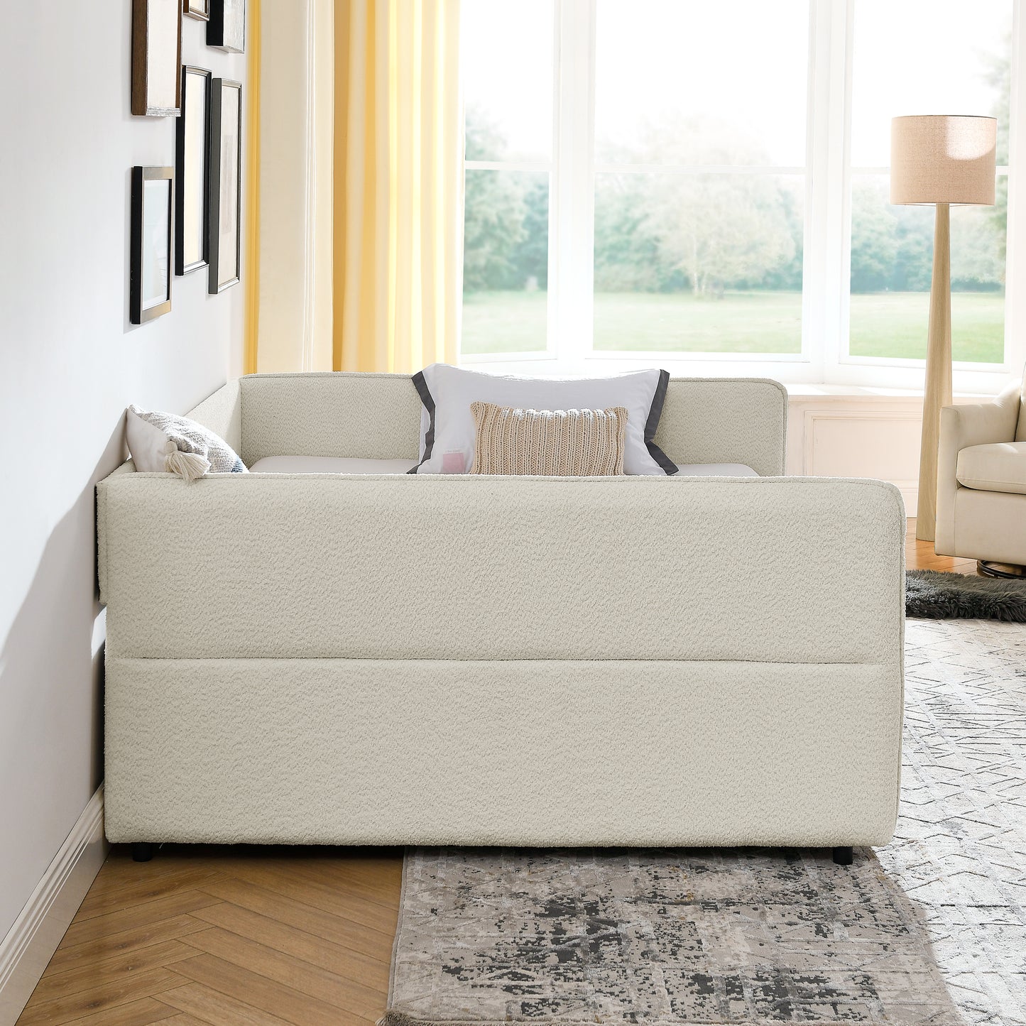 Daybed with Trundle Upholstered Tufted Sofa Bed, with Two Drawers, Queen Size, Boucle Fabric, Beige(88"x65.5"x29.5") image 7