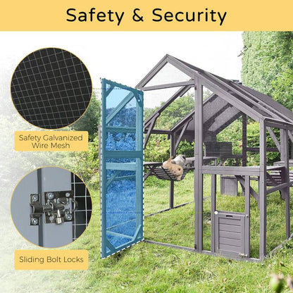Large Catio Outdoor Cat Enclosure,Large Cat Run with Bridges,Walks,Wooden Feral Cats Shelter with Waterproof and UV Proof Canopy image 4