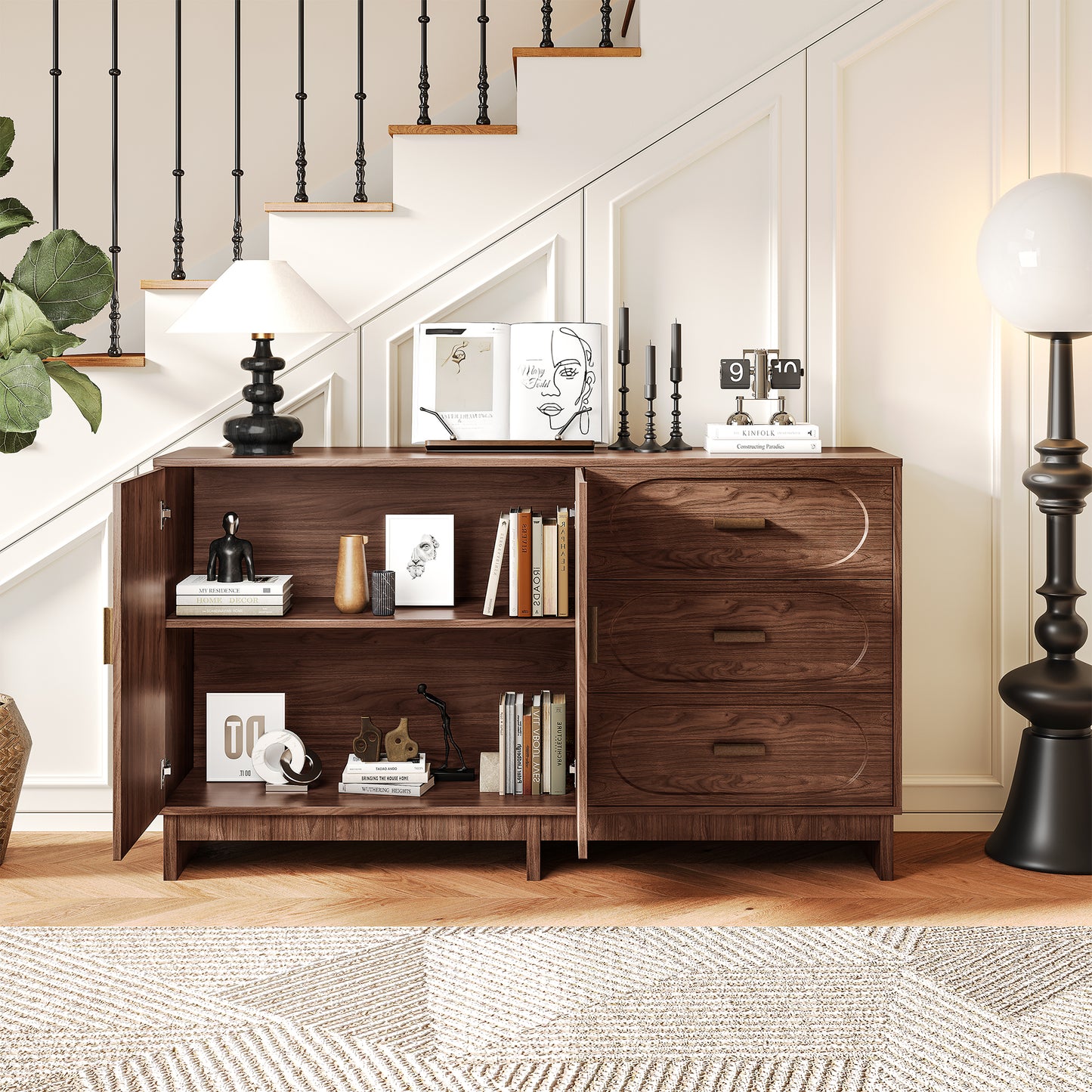59.1" Buffet Sideboard with 2 Doors and 3 Drawers, Walnut Finish with Oval Grain Texture, Farmhouse Storage Cabinet for Dining Room Living Room Hallway, Large Space Accent Furniture, Easy Assembly image 3