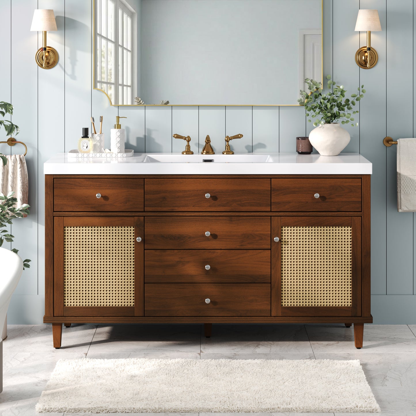 60" Bathroom Vanity with SMC Sink, Modern Large Storage Bathroom Storage Cabinet with Soft Close Drawers and Rattan Doors, Silver Metal Knobs and 5 Pine Legs, Brown image 6