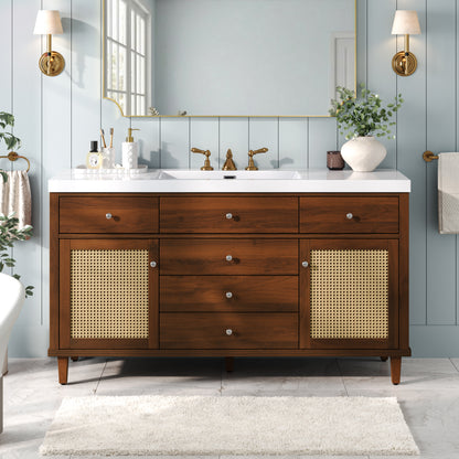 60" Bathroom Vanity with SMC Sink, Modern Large Storage Bathroom Storage Cabinet with Soft Close Drawers and Rattan Doors, Silver Metal Knobs and 5 Pine Legs, Brown image 6