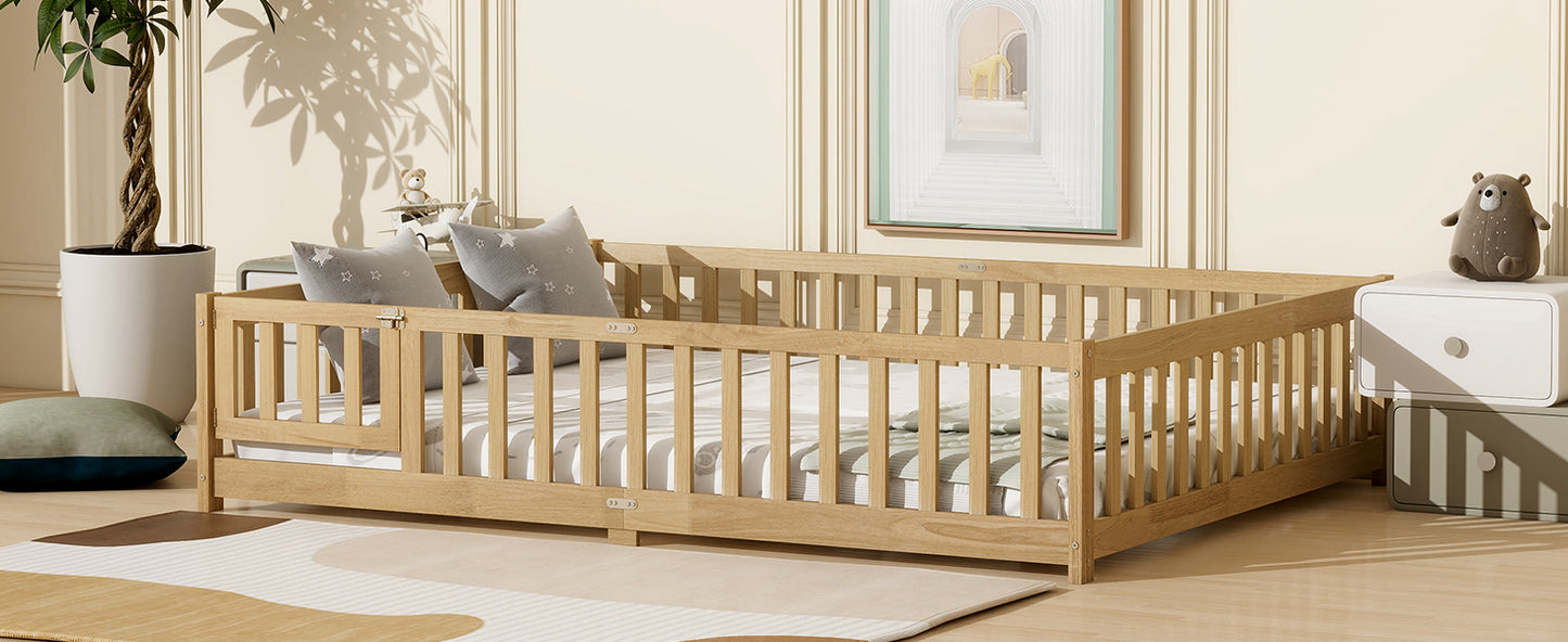 Queen Size Floor Bed with Fence,Door,Rubber Wood Floor Bed with Safety Guardrails,Natural (Old Sku W504P286389) image 7