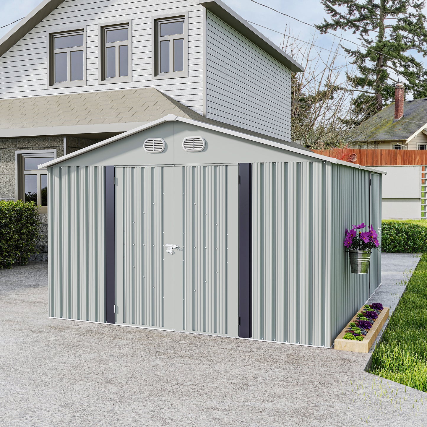 10x12 FT Outdoor Metal Storage Shed, Large Storage Sheds with Sturdy Frame Structure, Metal Garden Tool Shed with Lockable Door for Garden,Gift a foldable flower pot stand, Backyard, WHITE image 9