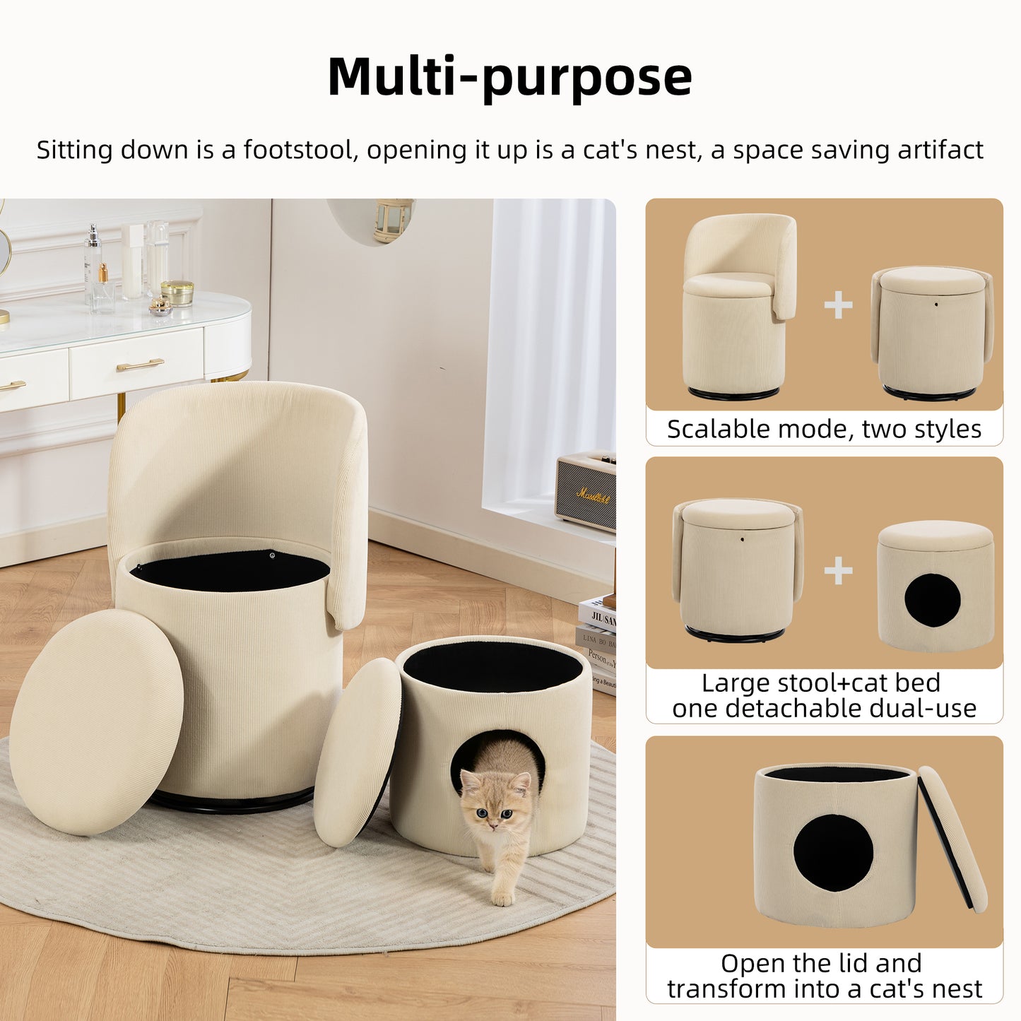 Decorative chair with storage, 360° rotating corduroy vanity & dining chair, soft padded seat, free cat bed stool included, beige, ideal for bedroom, dressing room and living room. image 6