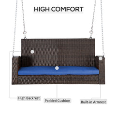 Outsunny 2 Person Wicker Hanging Swing Bench, Front Porch Swing Outdoor Chair with Cushions 550 lbs. Weight Capacity for Backyard, Garden, Blue