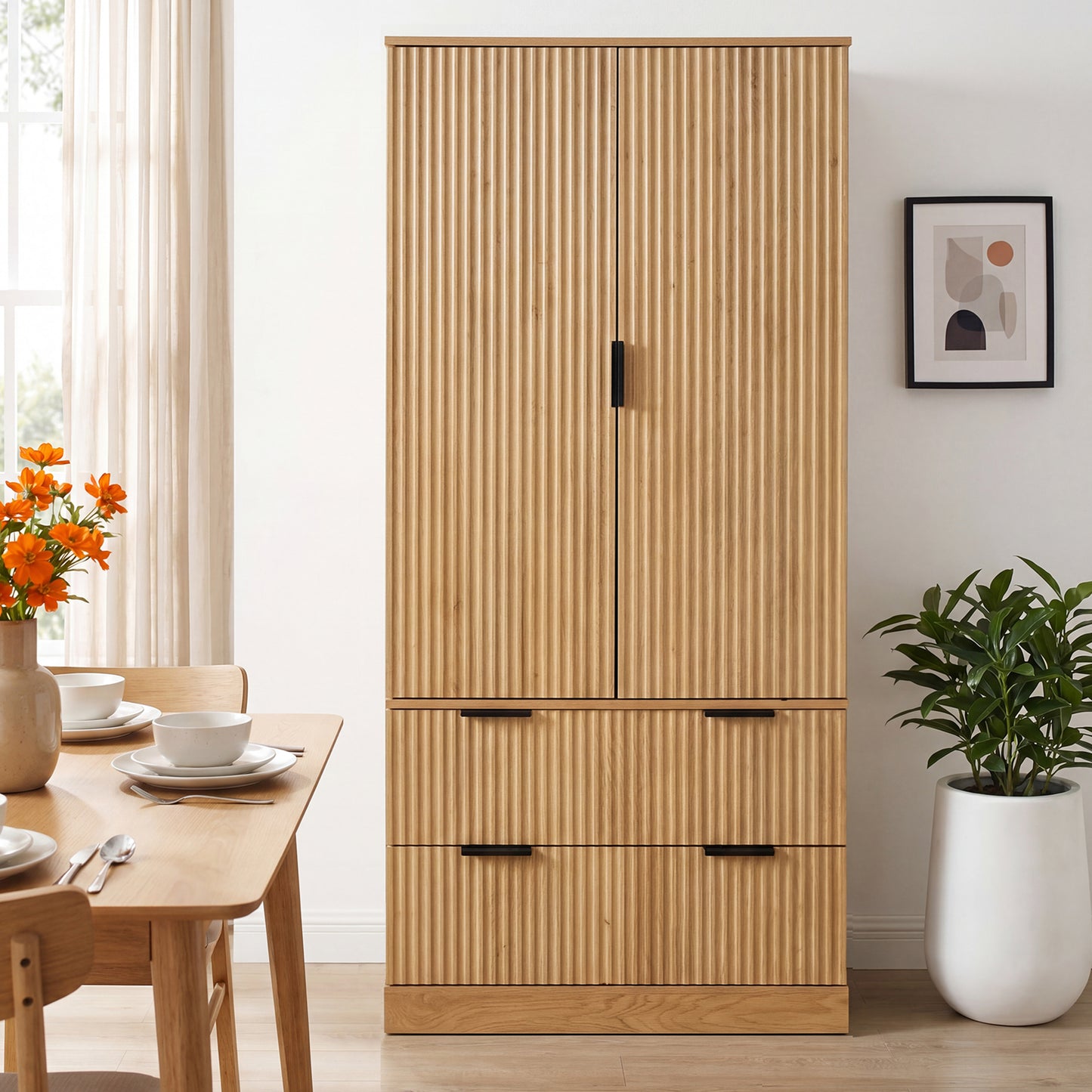 72" Modern Fluted Kitchen Pantry Cabinet with 2 Large Drawers & 8-Door Spice Rack, Freestanding Storage Organizer for Bathroom, Dining Room, Office, Entryway, Oak image 1