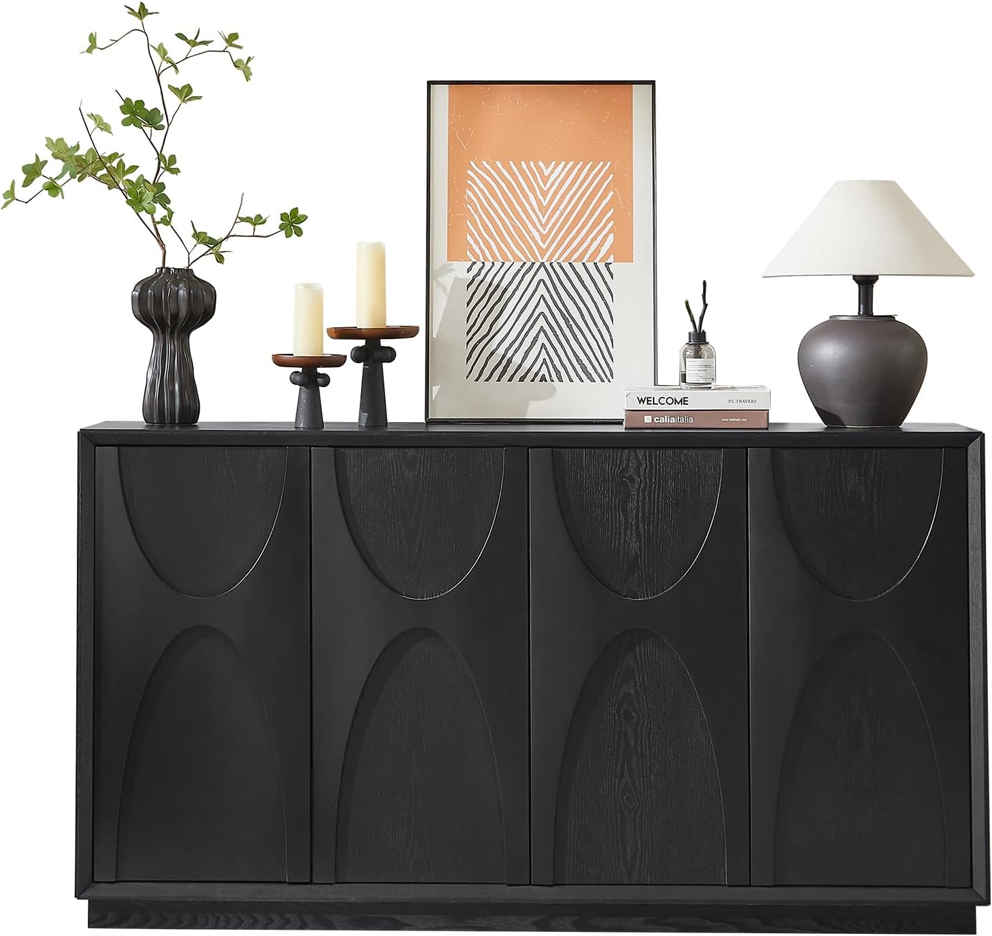 4 Door Accent Cabinet with Solid Wood Carved Doors, Adjustable Shelves, Push to Open Storage Cabinet with Cable Management, Ash Veneer Sideboard for Living Room, image 1