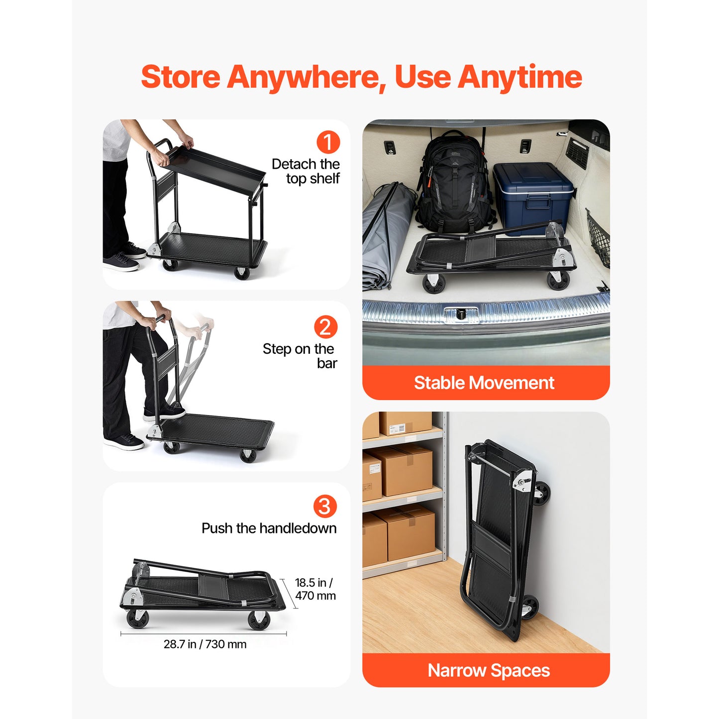 Foldable Push Cart Dolly, 700 lbs, Heavy Duty Platform Hand Truck with Wheels, High-Strength Steel, 2 Tier Moving Flatbed Cart, for Warehouse, Garage, Workshop, Office, 28.7 x 18.5 x 32.3 in image 9