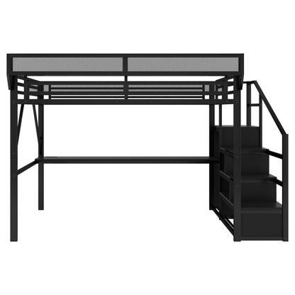 Full Loft Bed with Desk and Charging Station, Full Size Metal Loft Bed with Stairs and Light for Kids Teens, Black image 10