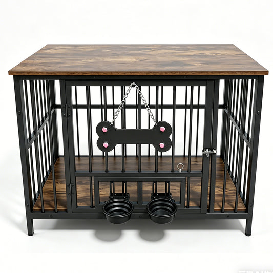 Vintage wood grain dog cage edge,360 degree rotating bowl with safety grade soft silicone material image 1