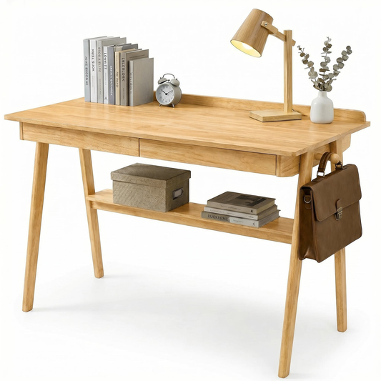 Solid Wood Writing Desk, Home Office Desk for Small Spaces, Mid Century Modern Desks with 2 Drawers & Storage Shelf, Standing Desk with Side Hooks for Study, Bedroom, Office (Wood) image 1