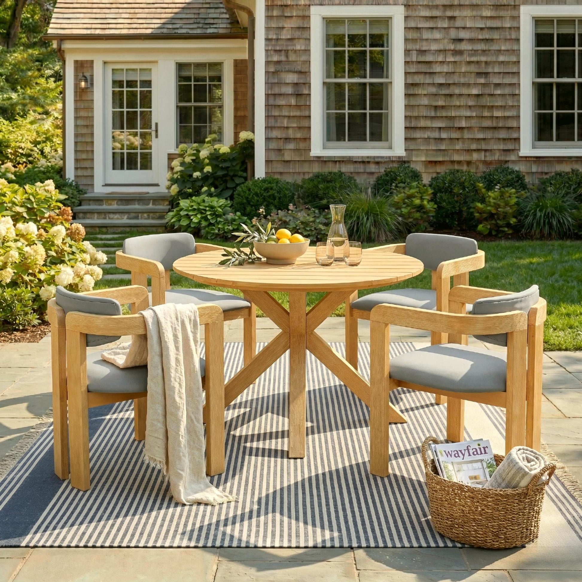 5-Piece Outdoor Acacia Wood Round Dining Set, Solid Wood Patio Table with 4 Barrel Chairs, Cushioned Seats & Backs, Modern Garden Conversation Set, Gray Cushion image 2