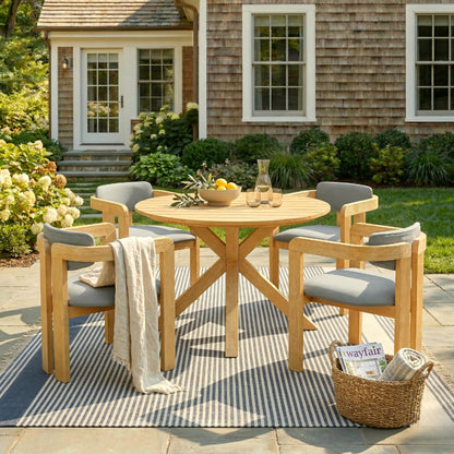 5-Piece Outdoor Acacia Wood Round Dining Set, Solid Wood Patio Table with 4 Barrel Chairs, Cushioned Seats & Backs, Modern Garden Conversation Set, Gray Cushion image 2