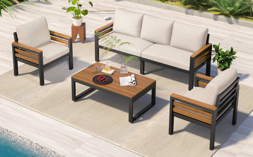 <Old SKU: N704G201246A> GO 4-Piece Outdoor Furniture Sofa Set for 5 People with Acacia Wood Armrests, Patio Conversation Set with Removable Cushion and Solid Wood Coffee Table for Garden,Beige image 7