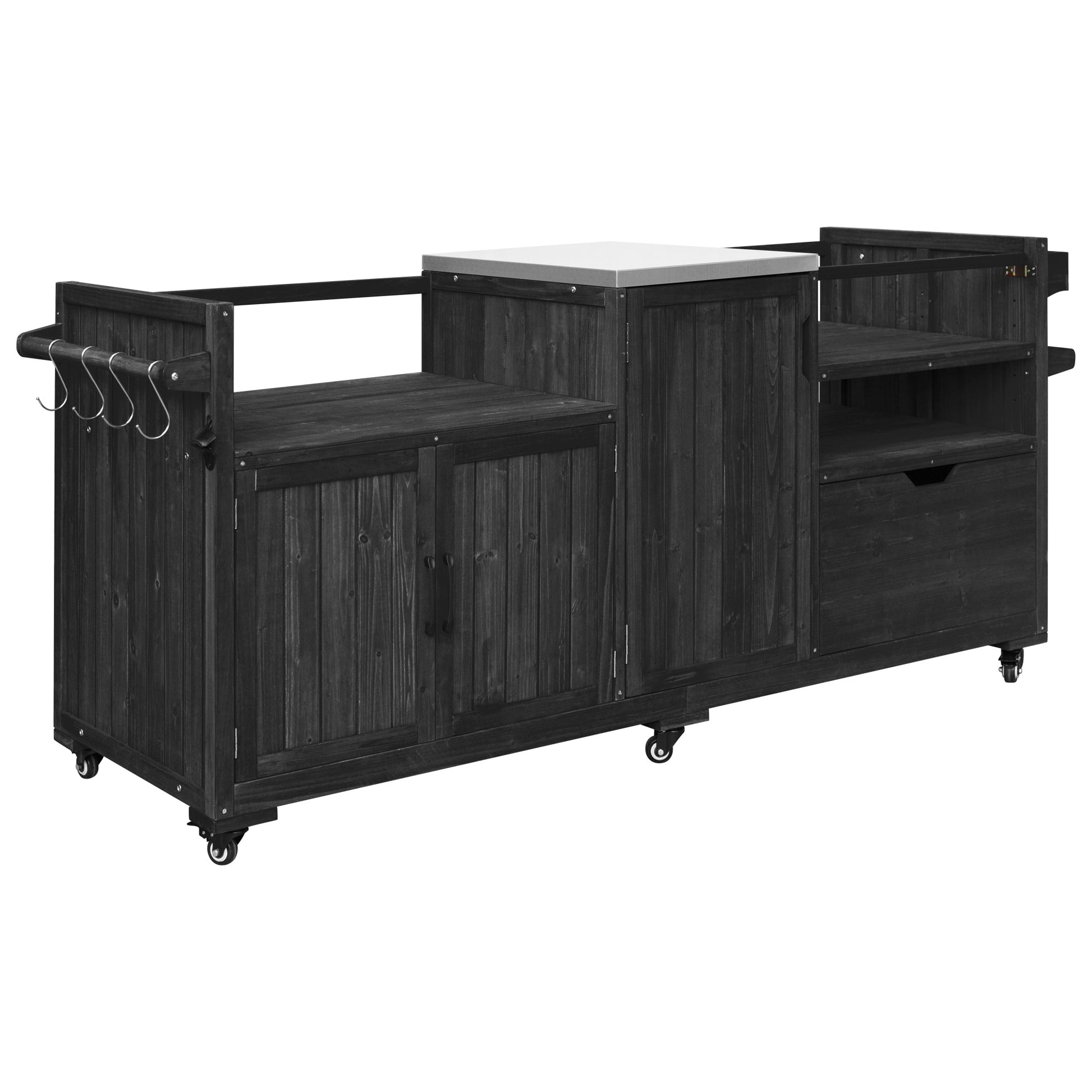 K&K 80.5" Outdoor Kitchen Island for Big Green Egg& Blackstone Griddle, Solid Wood Grill Cart Table with Stainless Steel Top, Drawer for Large Big Green Egg and 21"/28" Blackstone Griddle, Black image 7