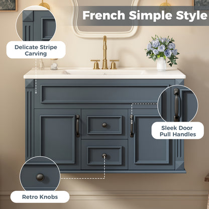 36 inch Wall Mounted Bathroom Cabinet with Ceramic Sink and Drawers, French Simple Style Vanity with Soft Closing Hinges image 6
