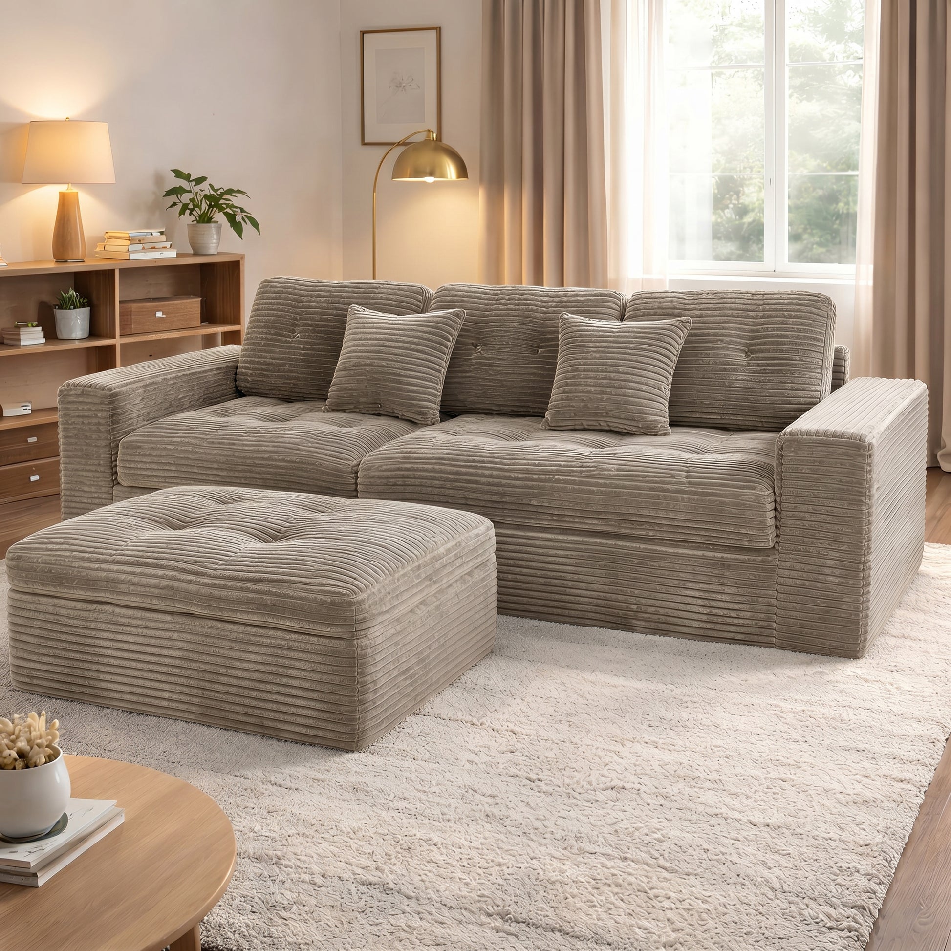 Modular Cloud Sofa Set, 105" DIY Sectional with Ottoman, Pure Foam, Faux Rabbit Fur Velvet, Comfortable Living Room Couch Khaki image 2