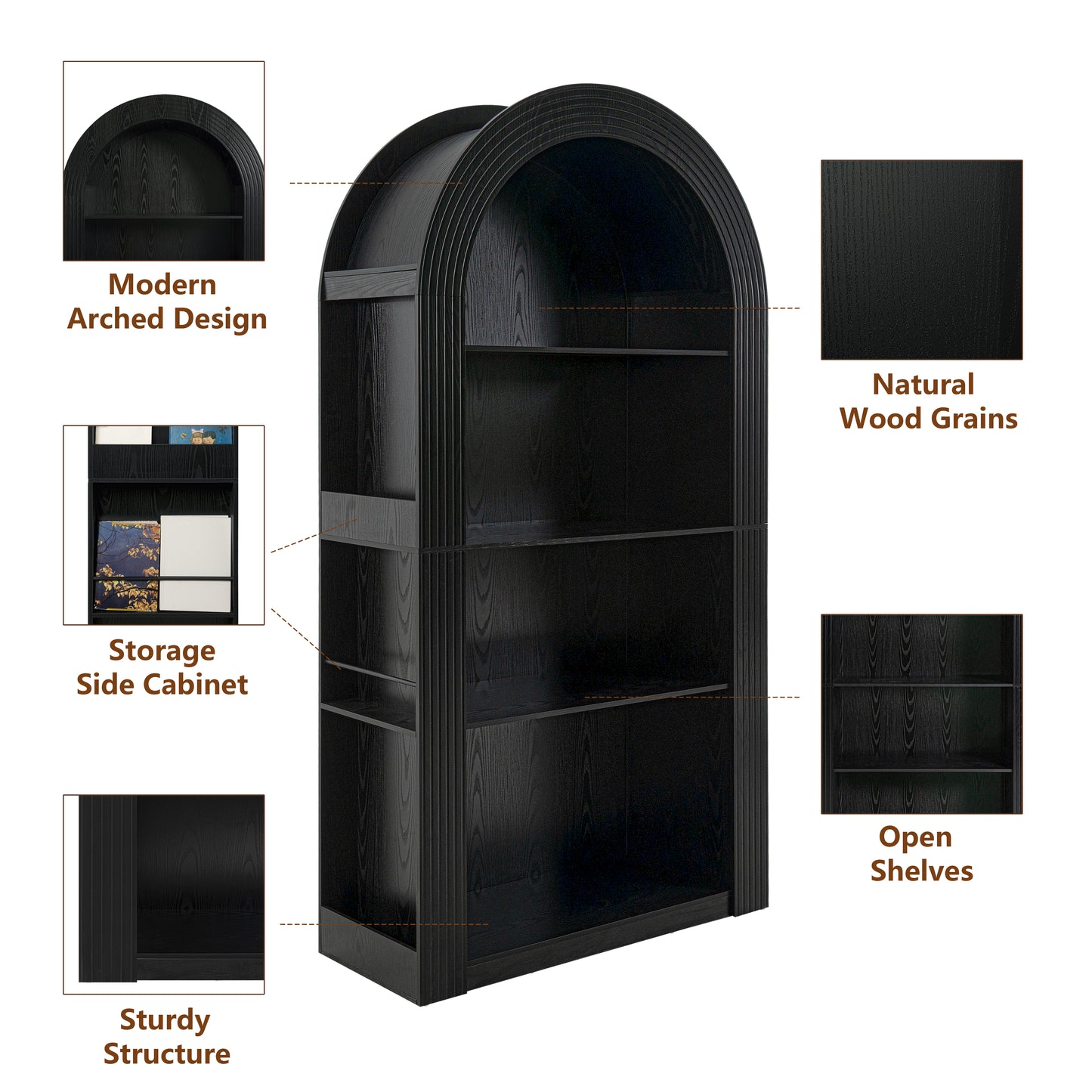 78.74" Tall Arched Bookcase, Mid Century Modern 4-Tier Arched Storage Bookcase with Open Display Storage Shelf for Dining Room, Living Room,Bedroom (Black) image 11
