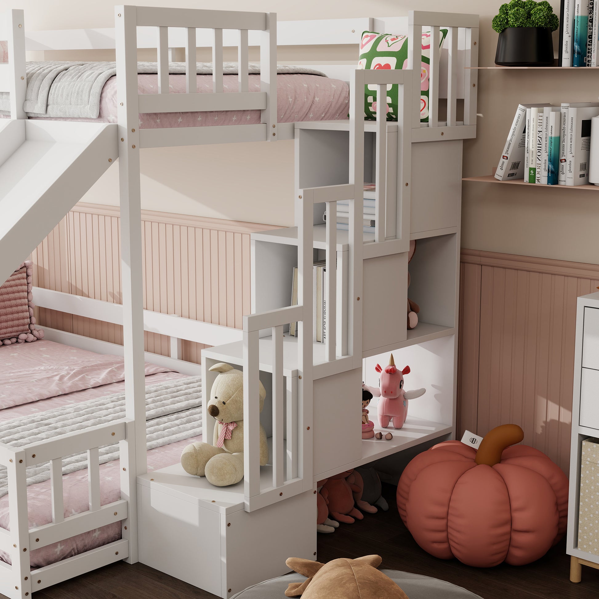 Twin Over Full Bunk Bed with Slide, Storage Staircase, Pine Solid Wooden Bunk Bed with Safety Guardrails,White (Old Sku W504S00185) image 7