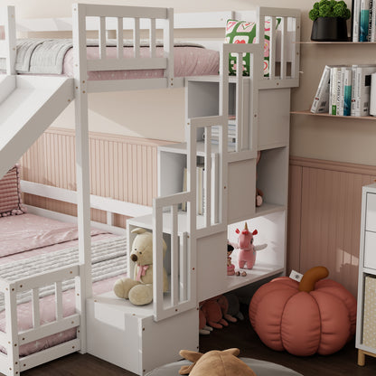 Twin Over Full Bunk Bed with Slide, Storage Staircase, Pine Solid Wooden Bunk Bed with Safety Guardrails,White (Old Sku W504S00185) image 7