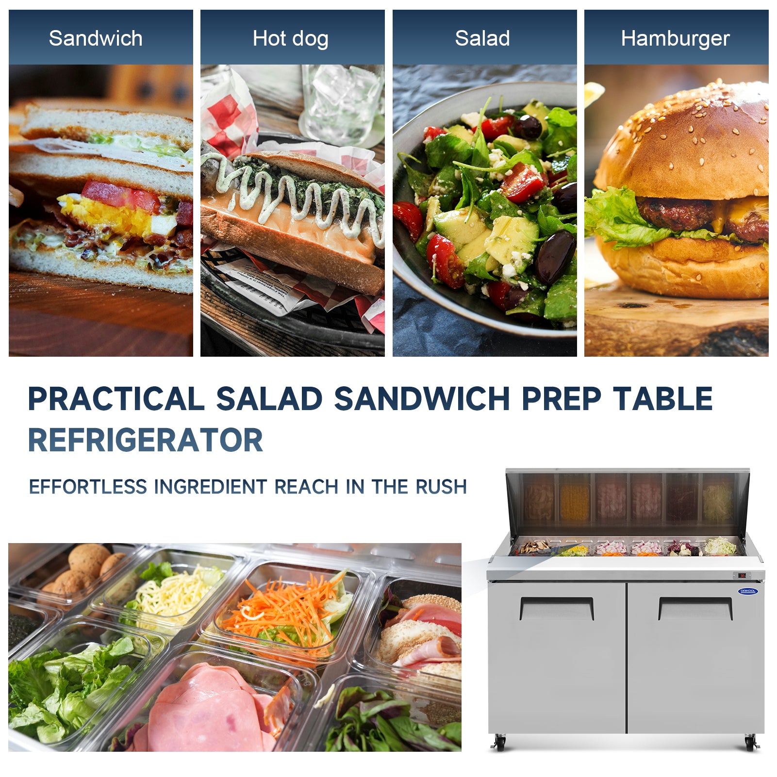 Orikool 48 IN Commercial Refrigerators Sandwich&Salad Prep Table with a Butcher Block Cutting Board, Protection Lid, Cold Storage, ETL Certified image 2