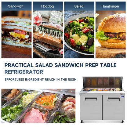 Orikool 48 IN Commercial Refrigerators Sandwich&Salad Prep Table with a Butcher Block Cutting Board, Protection Lid, Cold Storage, ETL Certified image 2