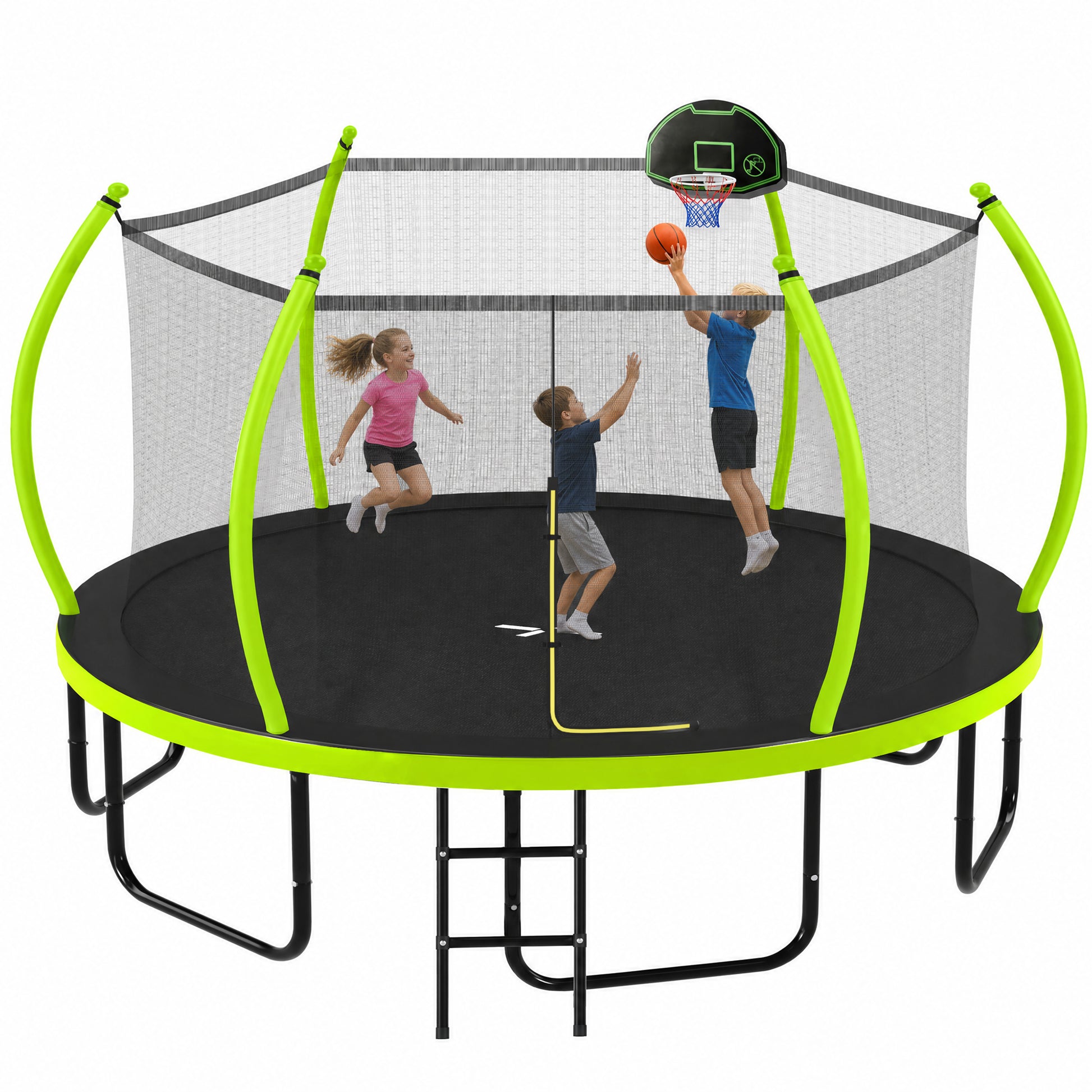 16FT Trampoline with Basketball Hoop for Kids and Adults, Round Outdoor Trampoline with Enclosure Net & Curved Poles & Ladder,Green image 7