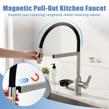 Brushed Nickel Kitchen Faucet with Magnetic Pull Out Sprayer, 360 Degree Swivel Single Handle High Arc Kitchen Sink Faucet with Glass Rinser image 4